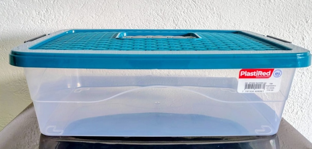 CAJA ORGANIZADORA CON MANIJA 6 L X 12 UND TRANSPARENTE AZUL