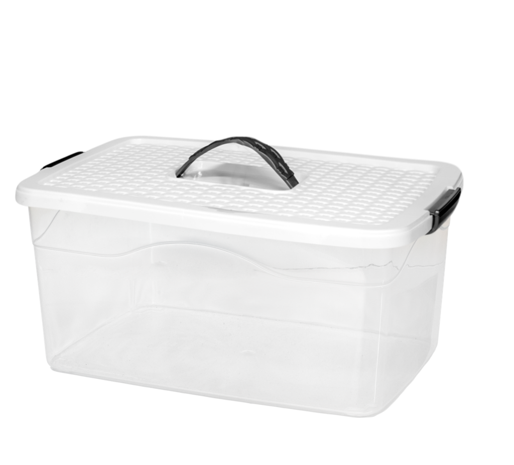 CAJA ORGANIZADORA CON MANIJA 10 L X 12 UND TRANSPARENTE BLANCO